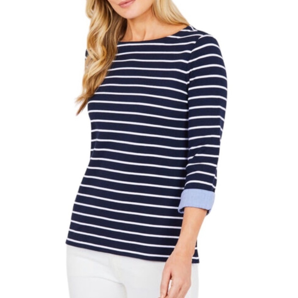 Nautica Striped Boatneck Top Women’s XL Navy White 3/4 Sleeve Coastal